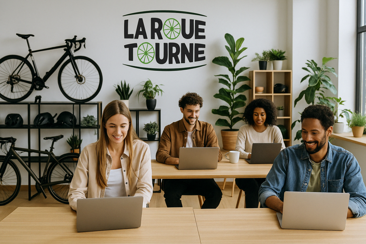 Membres de l’équipe La Roue Tourne travaillant dans un espace de coworking dédié au vélo reconditionné